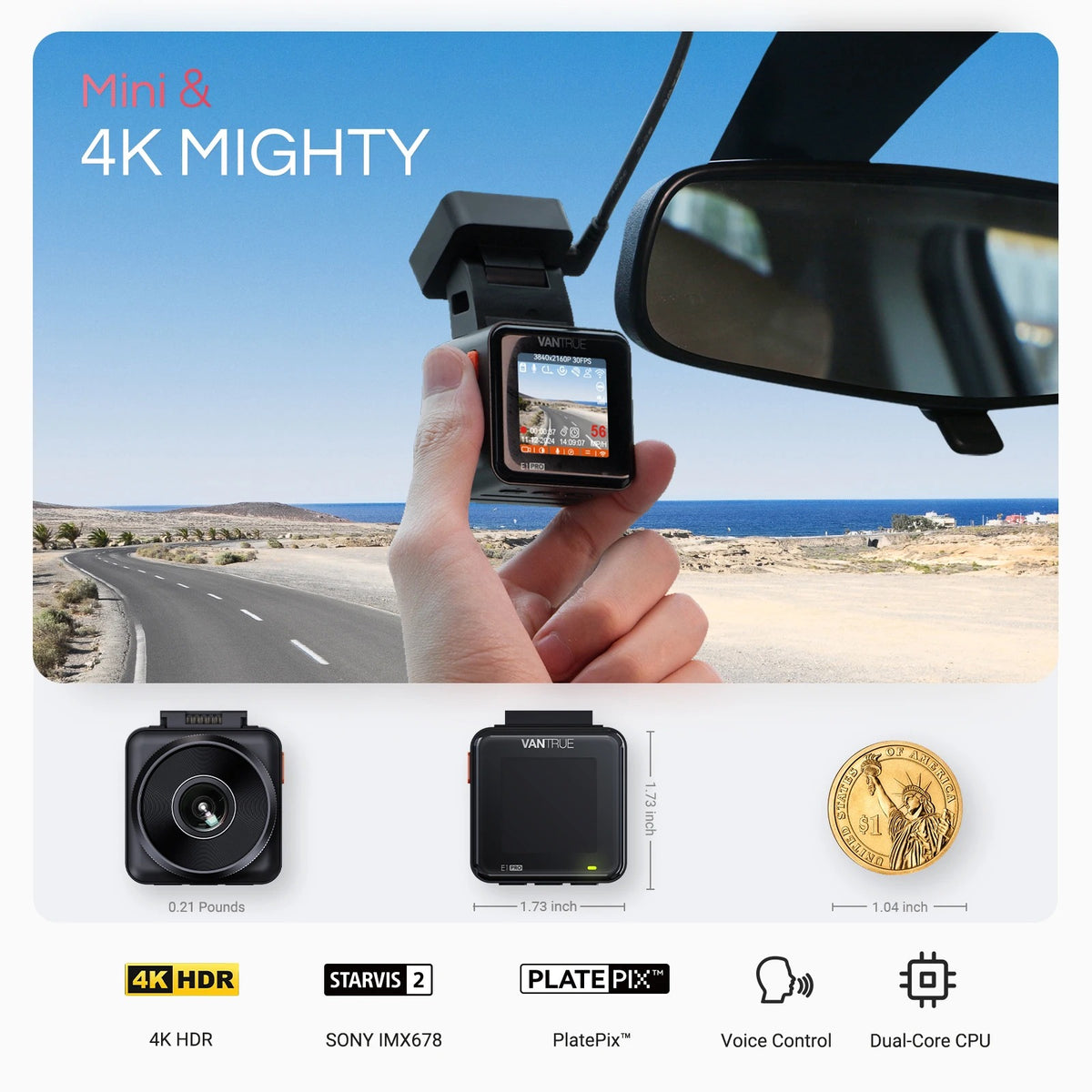 Vantrue E1 Pro 4K Mini Dash Cam – STARVIS 2 Night Vision with 5G WiFi & GPS